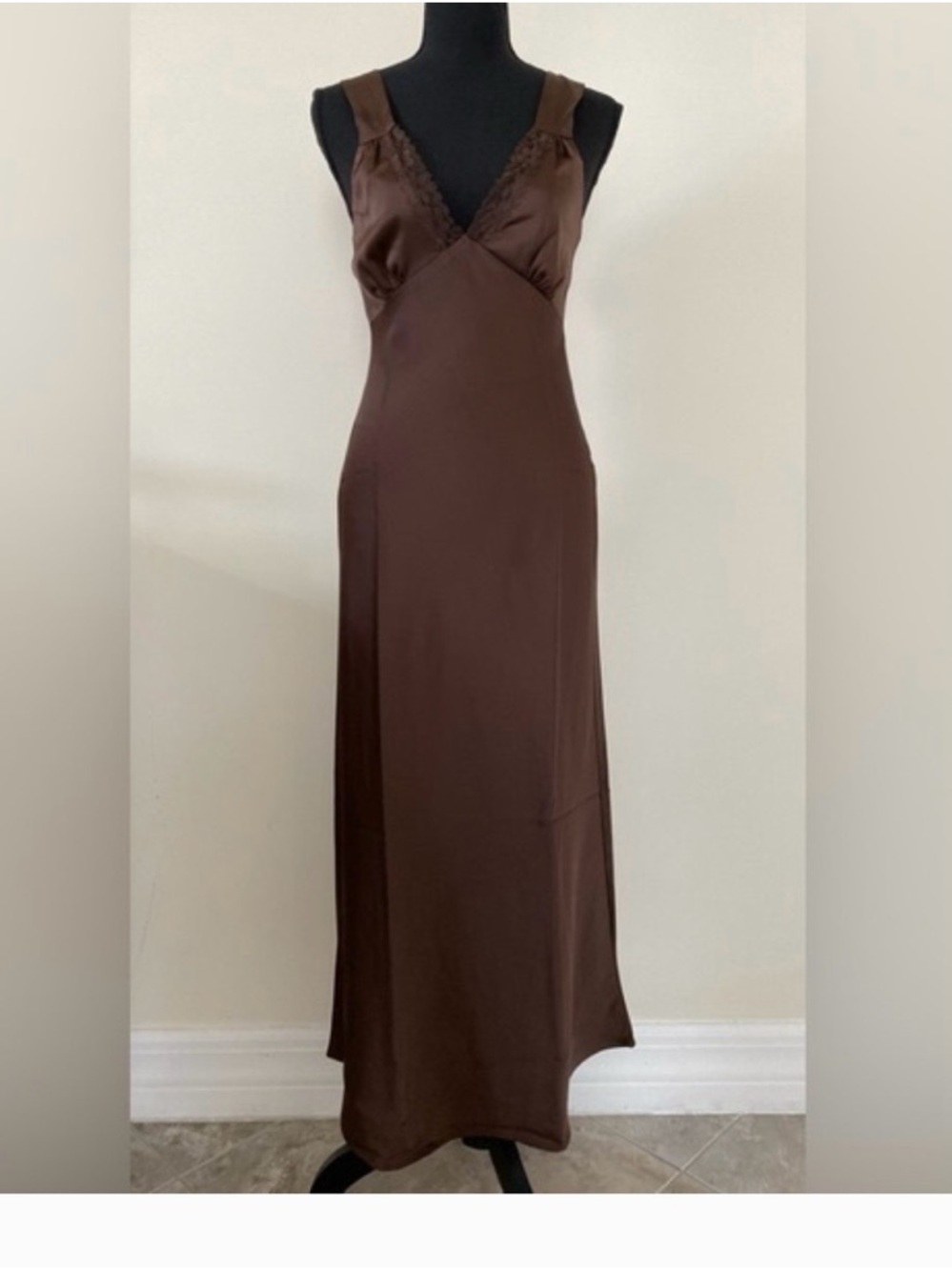Wayf Brown Satin Midi Slip Dress